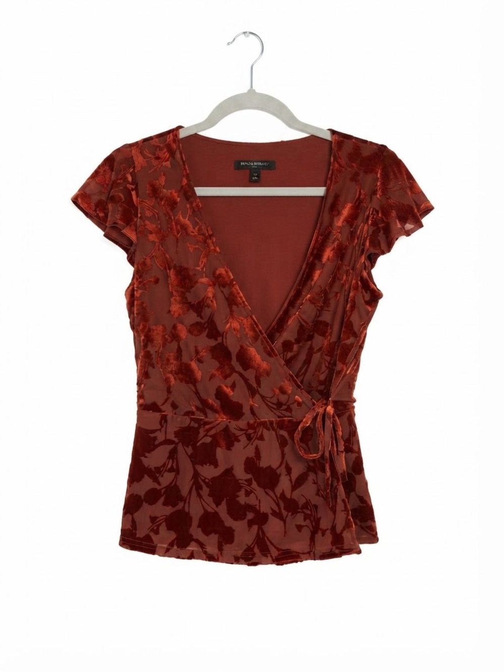 Whimsygoth Rust Floral Burnout Velvet Wrap Blouse Flutter Sleeve V-Neck XS